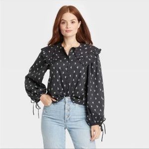 Big Collar Shirt Embroidered Button Down XS Eyelet Ruffle Balloon Tie Sleeve